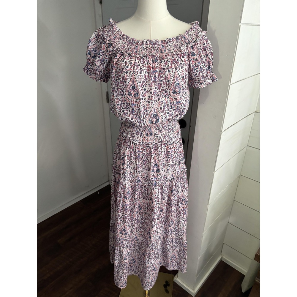 Pomegranate Dress Womens Small White Paisley Off Shoulder Smocked Maxi‎ Boho